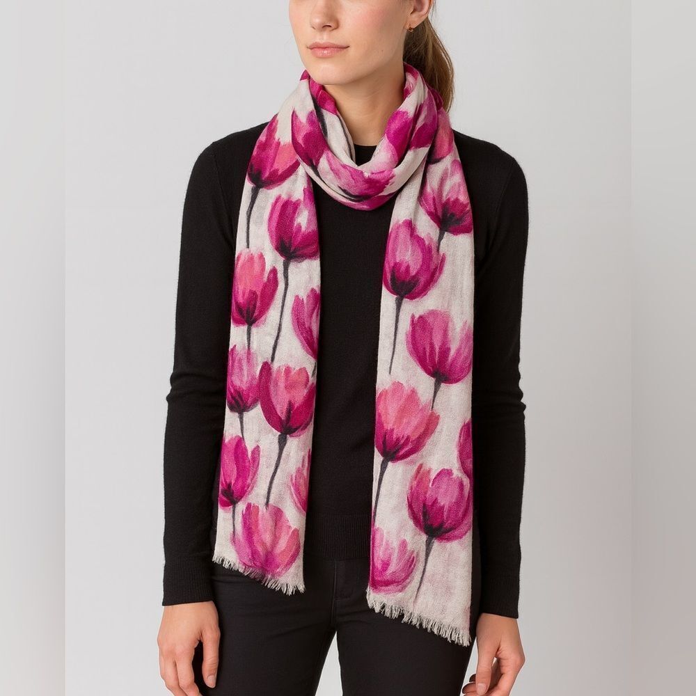 Talbots 100% Silk Floral Scarf Pink White Watercolor Print Lightweight Wrap